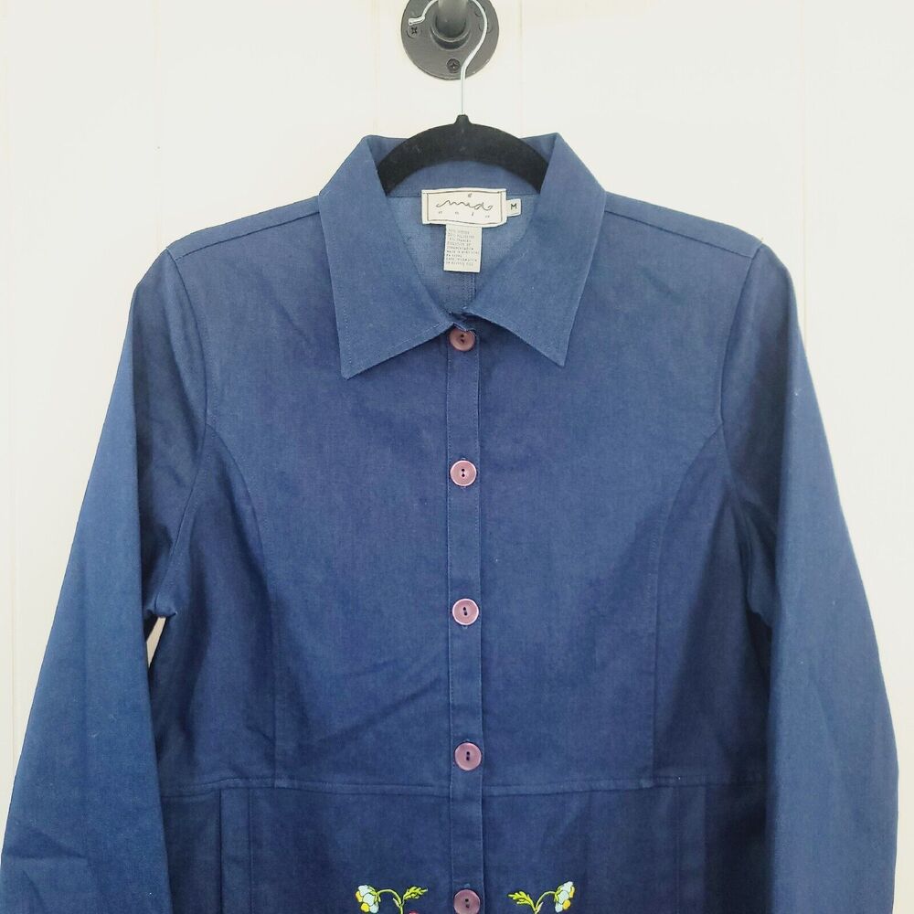 Vintage Mia Nola Womens M Dark Blue Floral Embroidered Shirt Dress With Pockets - Picture 3 of 13
